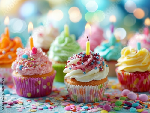 Colorful Cupcakes With Candles and Party Decorations for a Birthday Celebration