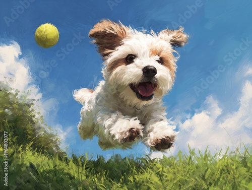 Dog Runs Towards Tennis Ball in the Backyard Under a Clear Blue Sky During th...