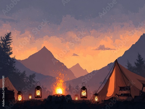 Camping Under the Stars With a Campfire and Lanterns in a Mountain Landscape ...