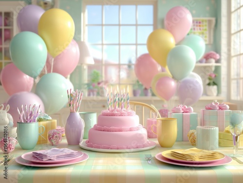 Birthday Party Setup With Cake, Balloons, and Decorations in a Bright Room Wi...