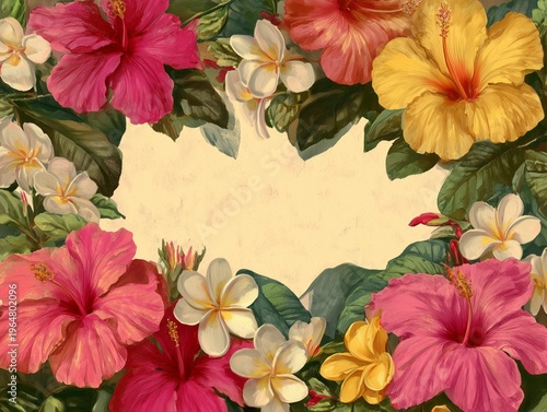 Bright Flowers and Green Leaves Arranged in a Decorative Frame for Various Oc...