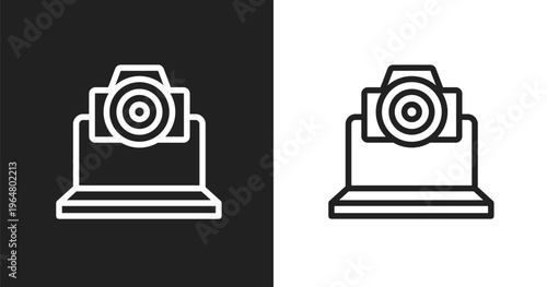 Cam icon. Linear black, white icon from computer and files collection. Outline cam vector. Thin line symbol isolated on white and black background