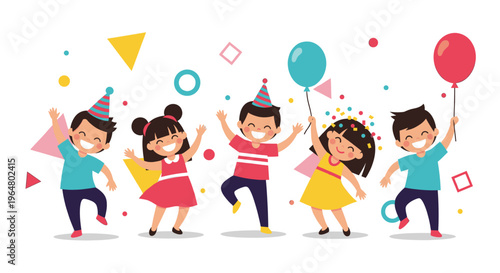Cartoon happy kids in party hats dancing and celebrating with confetti and balloons. Party concept. Vector illustration for birthday greeting card, banner