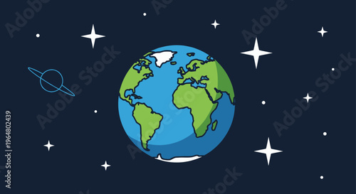 Earth planet vector illustration in space with stars and Saturn ring. Global international world concept for web, banner, poster, app