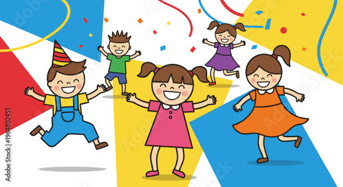 Five happy jumping children celebrating a birthday party with confetti and streamers. Joyful kid with party hat. Flat style vector illustration for banner, poster