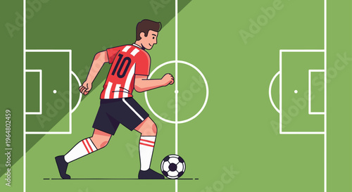 Football player man with soccer ball on green field. Sport event concept. Vector illustration for banner, poster, card design