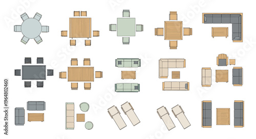 Furniture top view set with dining tables, chairs, sofas, beds, cabinet, and nightstand for interior design architecture. Vector illustration