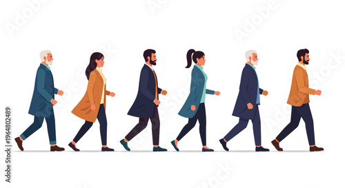 Group of diverse men and women walking in a line. Flat vector illustration for people, pedestrian, busy, journey, or movement concept