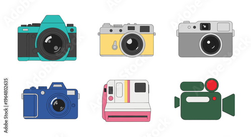 Six retro and modern camera icon set with old style and digital photo cameras, a video camera, and instant camera, vector illustration for graphic design