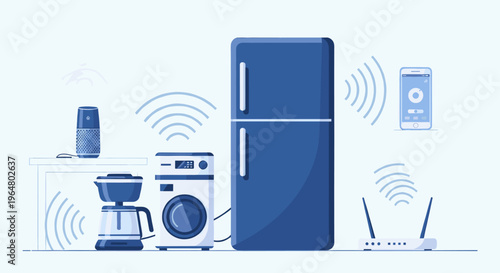 Smart home appliance system concept with fridge, washing machine, coffee maker, router, smartphone. Internet of Things. Vector illustration for banner