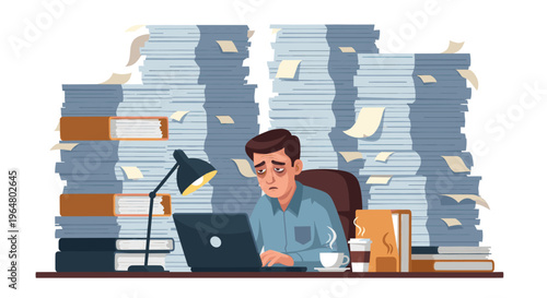 Tired man professional working late at office desk with many papers, documents, laptop. Overwork and stress concept. Vector illustration