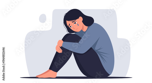 Upset sad woman crying and hugging knees, feeling anxious and depressed, experiencing mental health problem. Flat style vector illustration
