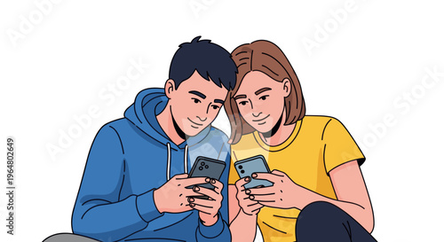 Woman and man using smartphone together for social media, online chat, or mobile game. Flat line simple vector illustration.