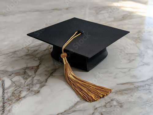 Graduation Cap Placed on Marble Table in Bright Room During Daytime