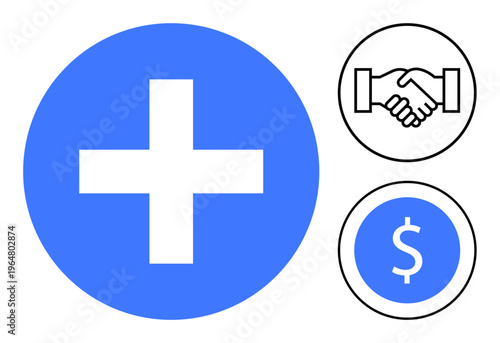 Healthcare concept. Cross symbol for medical aid, handshake for partnership, and dollar sign for financial transactions. Healthcare, partnerships, business, insurance, and funding concepts