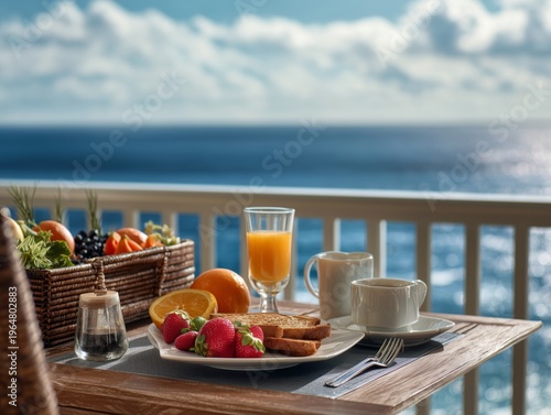 Breakfast on a Balcony With Ocean View and Fresh Fruits, Toast, and Drinks in...
