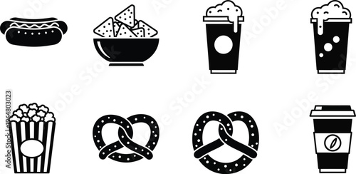 Fast food items and beverages, hot dog, nachos, drink with foam, pretzel, popcorn, and coffee cup. 