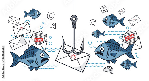 Big fish hook with email letter and fishes in water. Scam fraud and spam mail phishing attack concept. Vector illustration for web banner, marketing