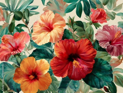 Colorful Hibiscus Flowers Bloom in a Garden During Warm Summer Days