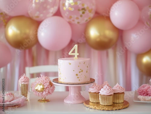 Birthday Party Setup With Cake and Decorations for a Childs Fourth Birthday C...