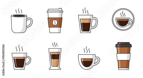 Collection of steaming coffee cup icons. A variety of hot espresso drinks for cafe menu or packaging design element. Vector illustration