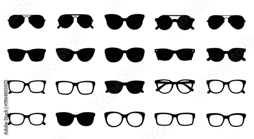 Collection various silhouette glasses shapes. Fashion accessory different style black sunglasses and spectacle frame icon set. Vector illustration