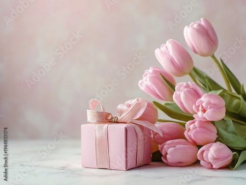 Pink Gift Box Next to Bouquet of Tulips on a Simple Background in Soft Light
