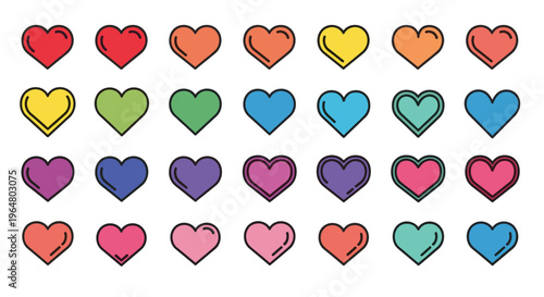 Colorful heart icon set, various vibrant color hearts with black outline. Love and romance concept. Collection for decoration. Vector illustration
