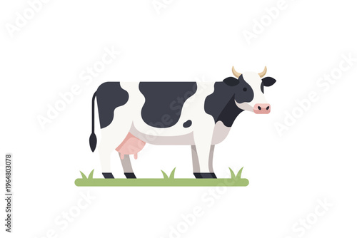 A black and white holstein cow standing on green grass, isolated on a transparent background