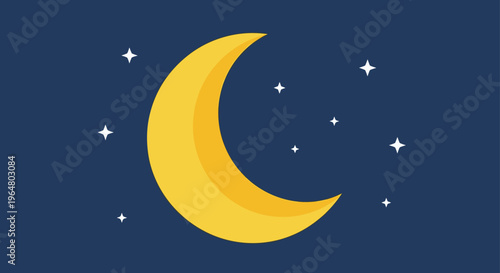 Crescent moon with small stars on a dark blue background. Night sky concept. Vector illustration for design element, web, app icon