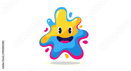 Cute smiling colorful paint splash icon with happy face in cartoon style, a fun graphic design element for cheerful concepts. Vector illustration for child product