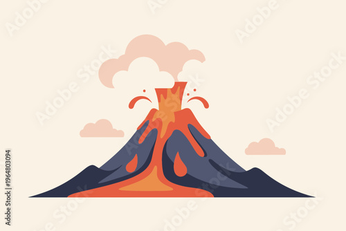 Volcano erupting with flowing lava and smoke against a light background, natural disaster illustration