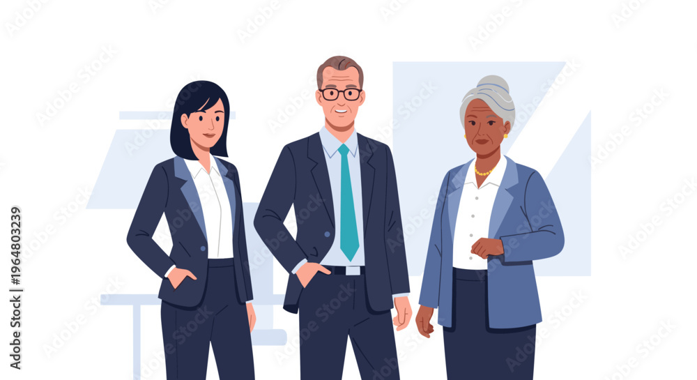 Fototapeta premium Three business people in suits, two women and one man, standing together. Corporate team vector illustration for teamwork concept