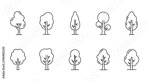 Set of deciduous forest plants and garden fruit tree icons in outline style. Vector illustration for ecology, environment, nature, park, forest, garden design