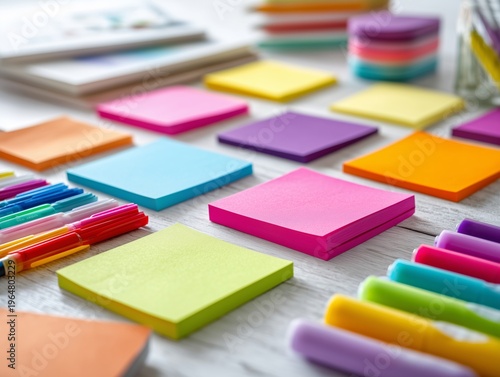 Colorful Sticky Notes and Pens Are Spread Across a Table in a Workspace Durin...