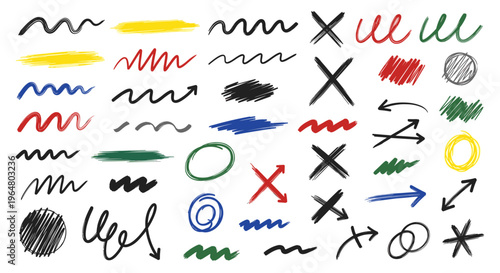 Sketch drawn scribble set, including line, brush stroke, arrow, circle, and cross, for highlight, underline, and correction concept. Vector illustration