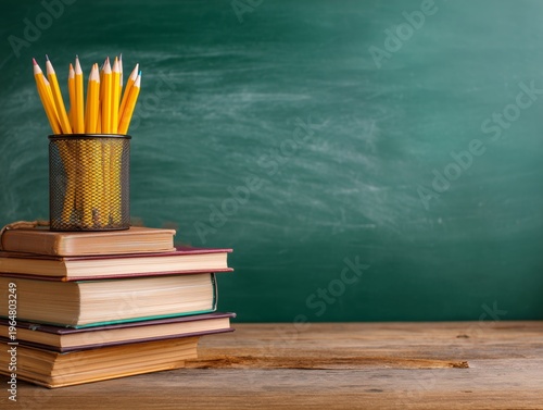 Classroom Supplies on a Desk With Books and Pencils at Midday