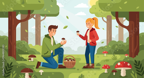 Young couple mushroom picking forest activity. Man on knee proposing with mushroom a woman. Autumn recreation and hobby concept. Vector illustration simple flat style outdoor scene