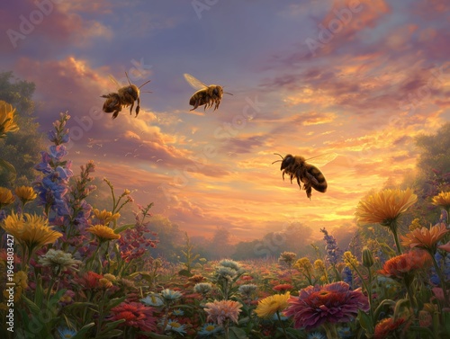 Bees Gather Nectar in a Field of Colorful Flowers at Sunset