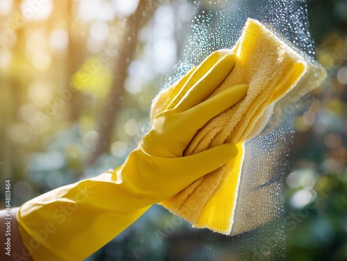Cleaning Glass Surface While Sunlight Shines Through Trees in Outdoor Setting