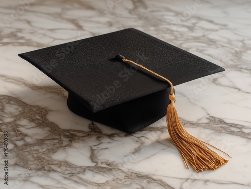 Graduation Cap Sits on a Marble Surface With Golden Tassel Hanging Down Durin...