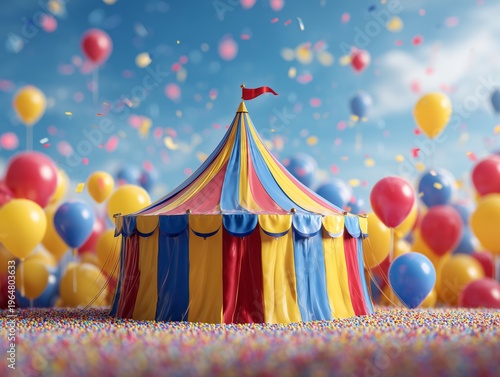 Colorful Circus Tent Surrounded by Balloons and Confetti at a Festive Event i...