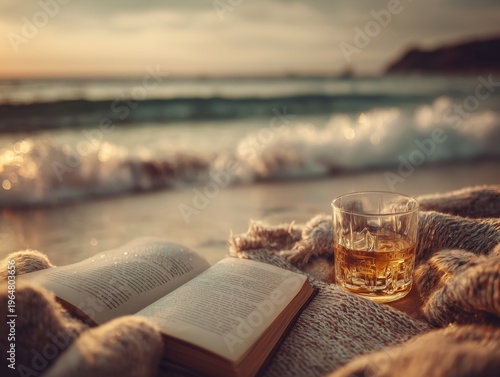 Warm Drink and Open Book by the Water at Sunset Near the Shore