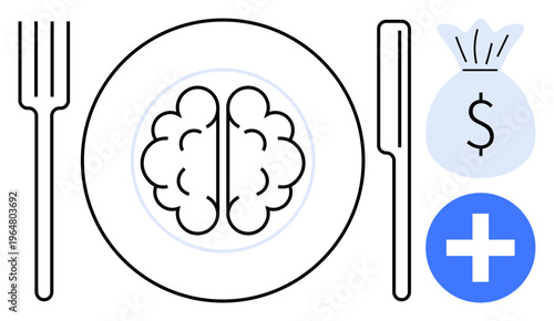 Mental health, financial decisions, diet, intellectual growth, medical services, brain nutrition. A brain on a plate with a fork and knife, dollar bag and medical symbol. Mental health and financial