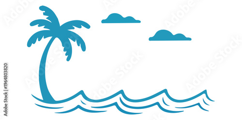 Blue Tropical Beach Line Art Vector - Minimalist Palm Tree and Ocean Waves Illustration for Coastal Branding