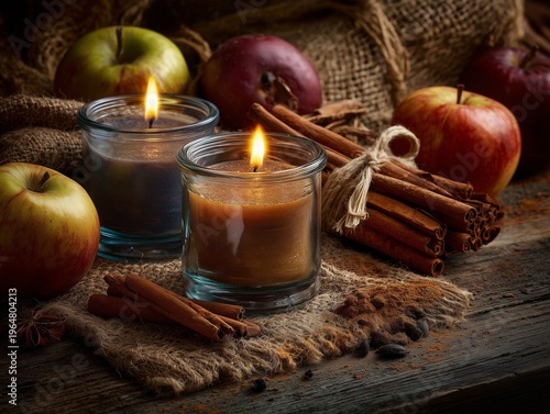 Candlelit Display With Apples, Cinnamon Sticks, and Herbs on Wooden Surface