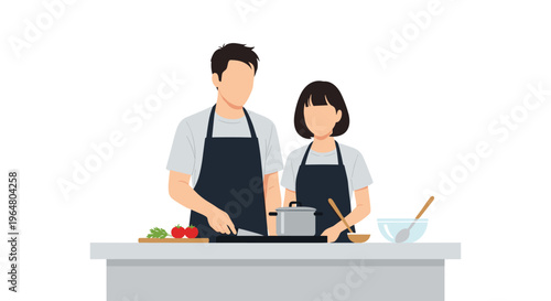 A man cuts vegetables while a woman stands by a pot, both wearing aprons in a kitchen setting.