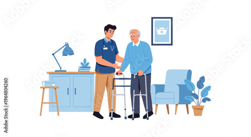 A male caregiver assists an elderly man using a walker in a room with a cabinet and an armchair.