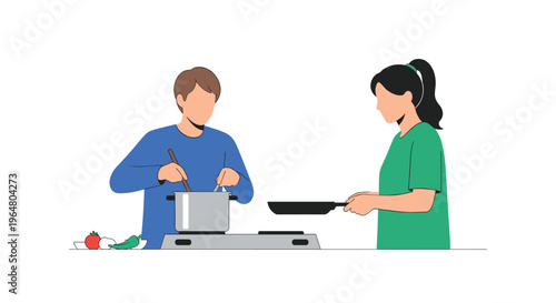 A man stirs a pot on a stovetop while a woman holds a frying pan in a minimalist kitchen setting.