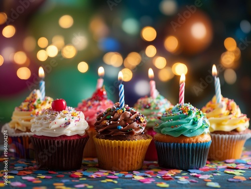 Cupcakes With Colorful Frosting and Candles for a Birthday Celebration at a P...